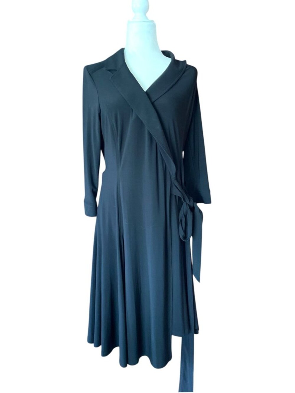 Ralph Lauren Black Wrap Dress Collared V-Neck 3/4 Sleeve Jersey Dress SZ 12